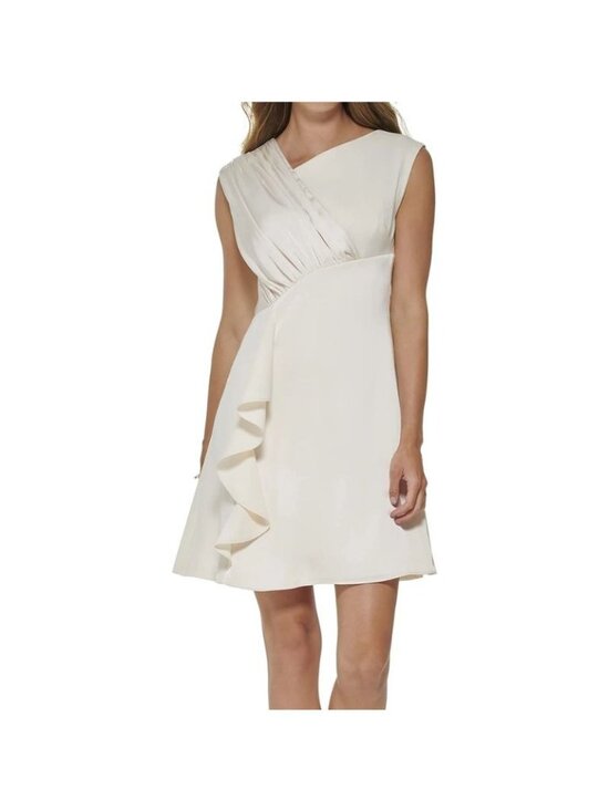 Dkny Dresses & Skirts - NWT DKNY Womens Cream Asymmetric Pleated Bodice Ruffle Dress Petite Size 0P